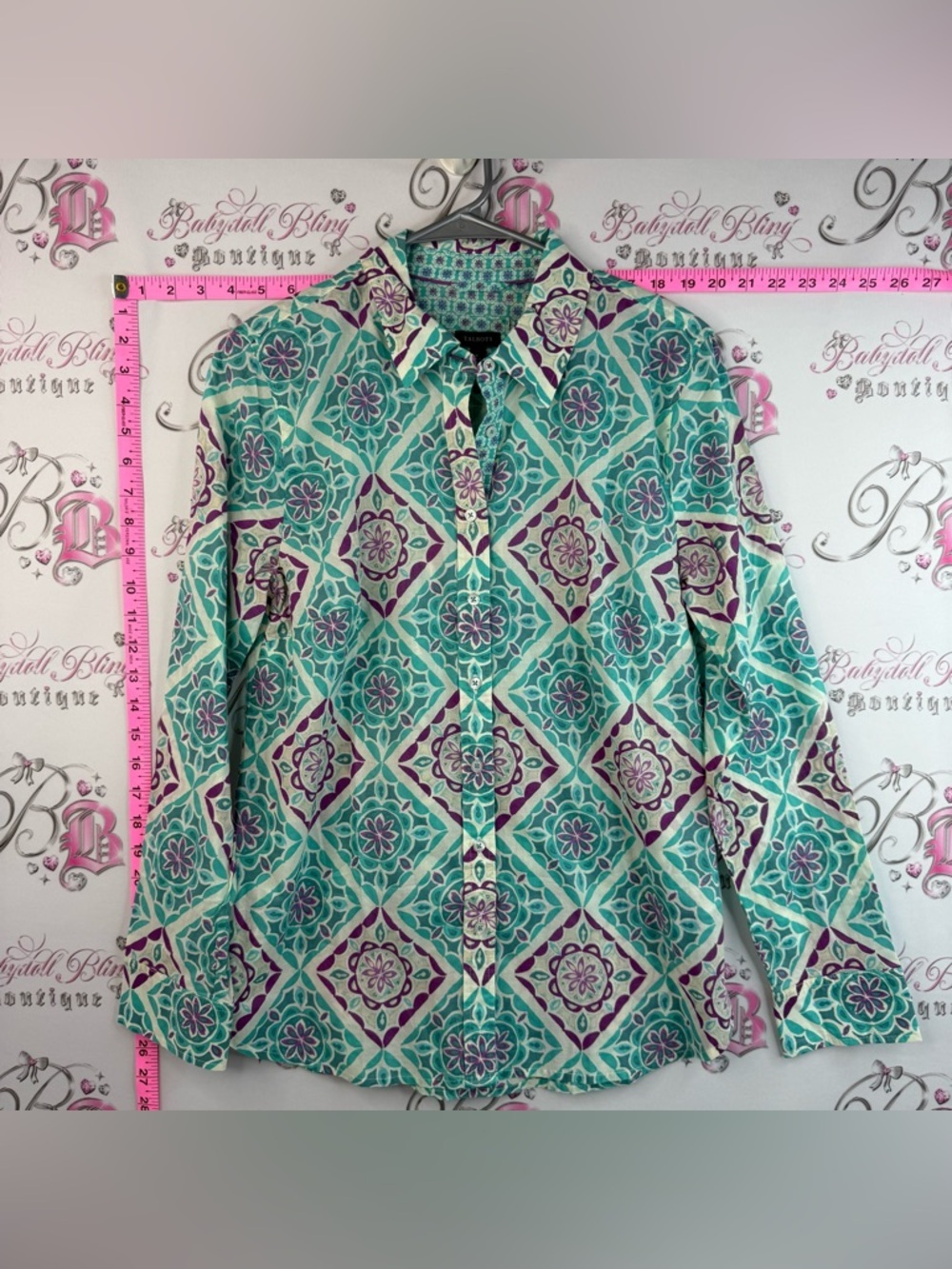 Talbots Teal and Purple Lightweight Geometric Floral Print Button-Down Shirt L